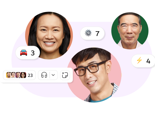 三個頭像及一個 Slack 微型會議圖示的裝飾影像