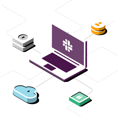 4개의 다른 아이콘으로 뻗어나가는 노트북의 Slack for Security 그림.